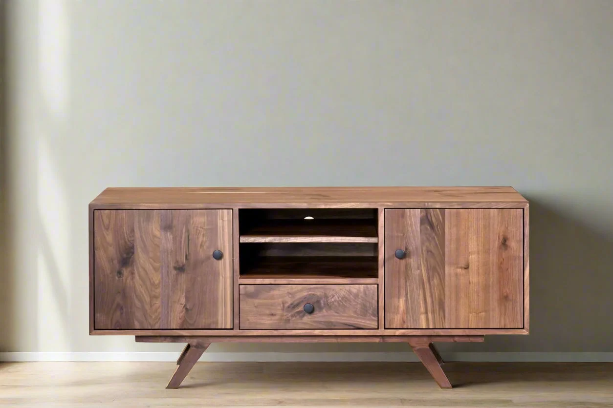 Amish Solid Wood Walnut Mid Century Modern Palo Alto Solid Wood Media TV Console