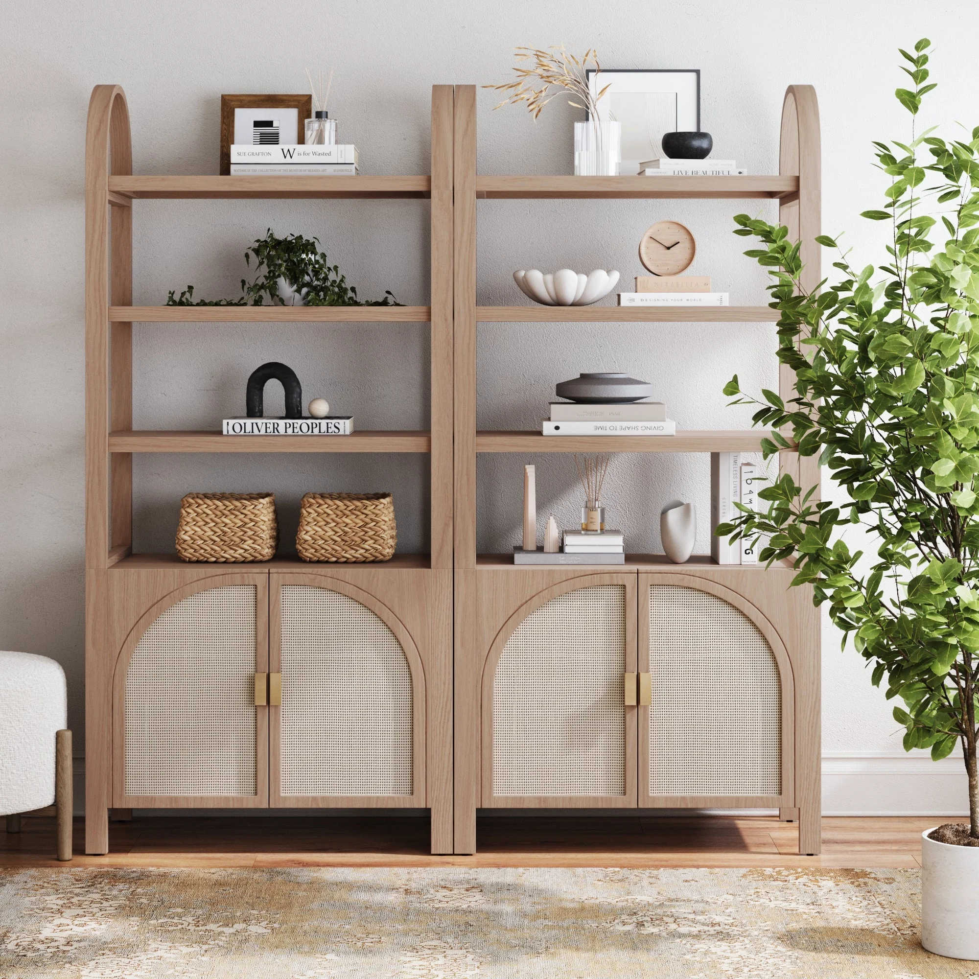 Arched Door Rattan Bookshelf with Doors Raw Oak (Set of 2)