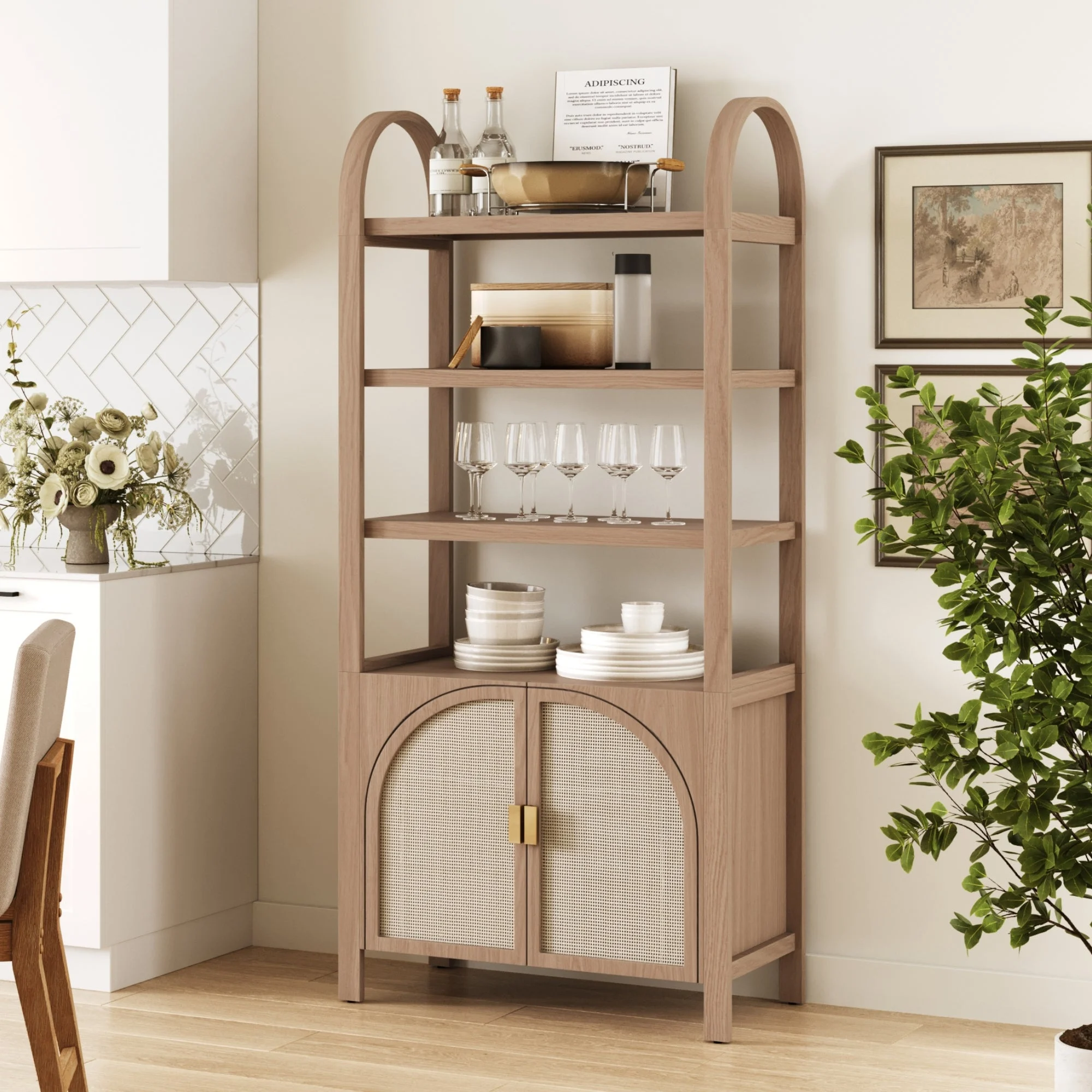 Arched Door Rattan Bookshelf with Doors Raw Oak
