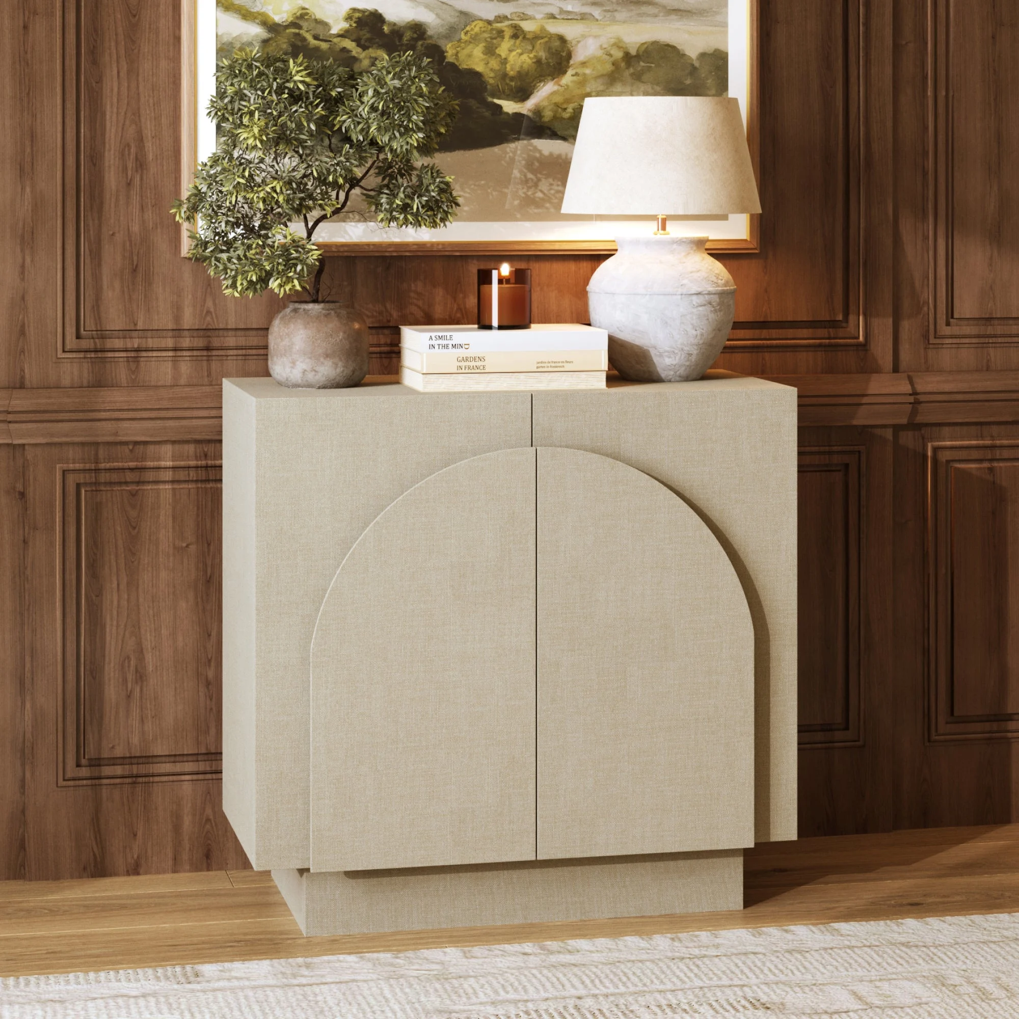 Arched Fabric Wrapped Storage Cabinet Beige Linen