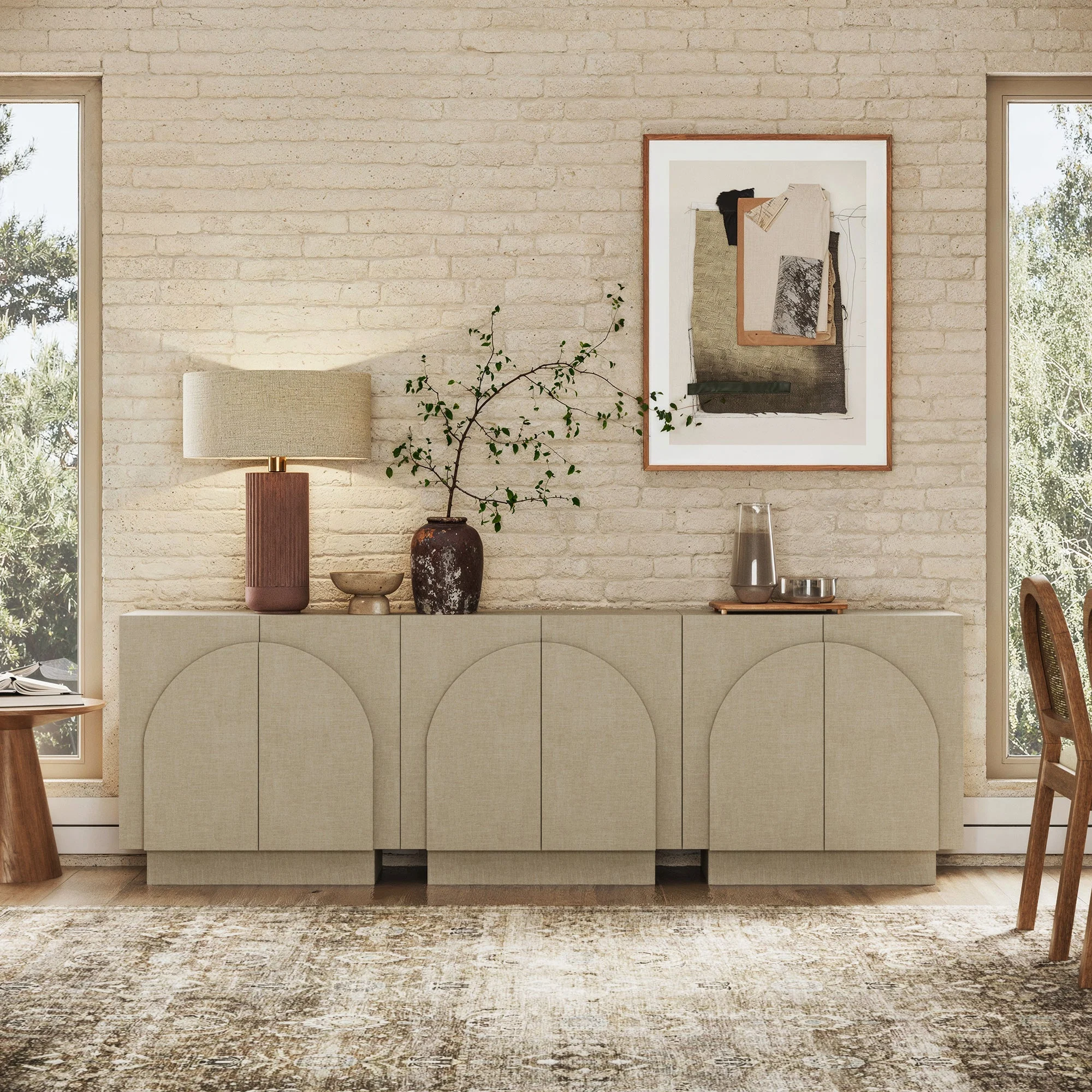 Arched Fabric Wrapped Storage Cabinet Credenza Beige (Set of 3)