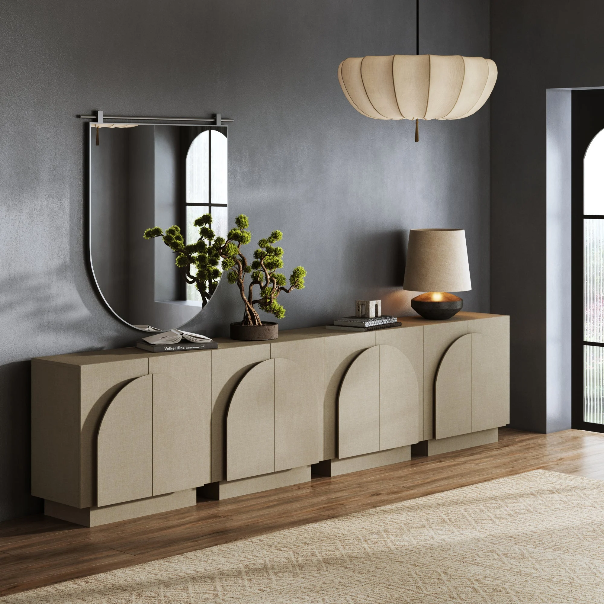 Arched Fabric Wrapped Storage Credenza with Doors Beige (Set of 4)