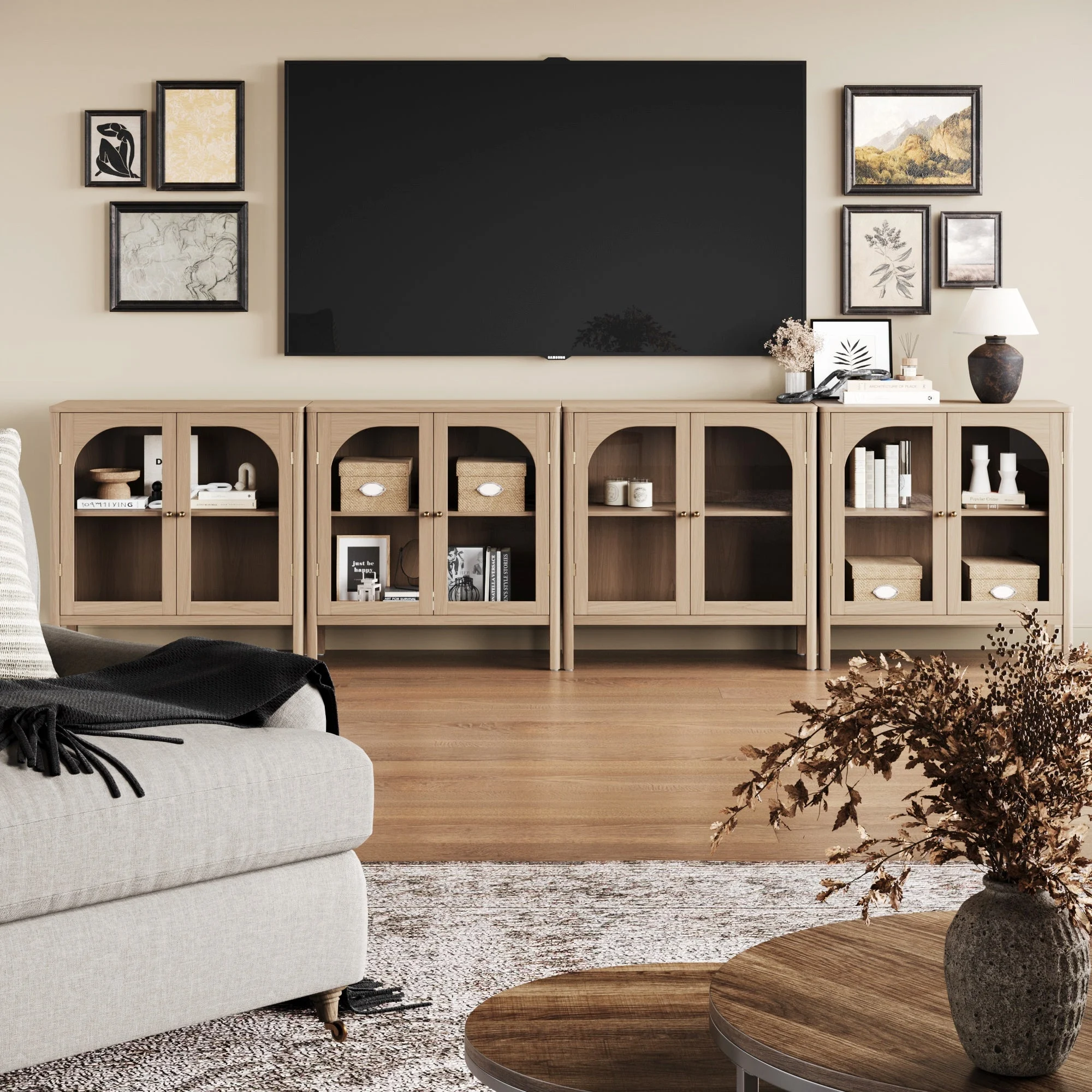 Arched Glass Door TV Console for TVs up to 100" Raw Oak