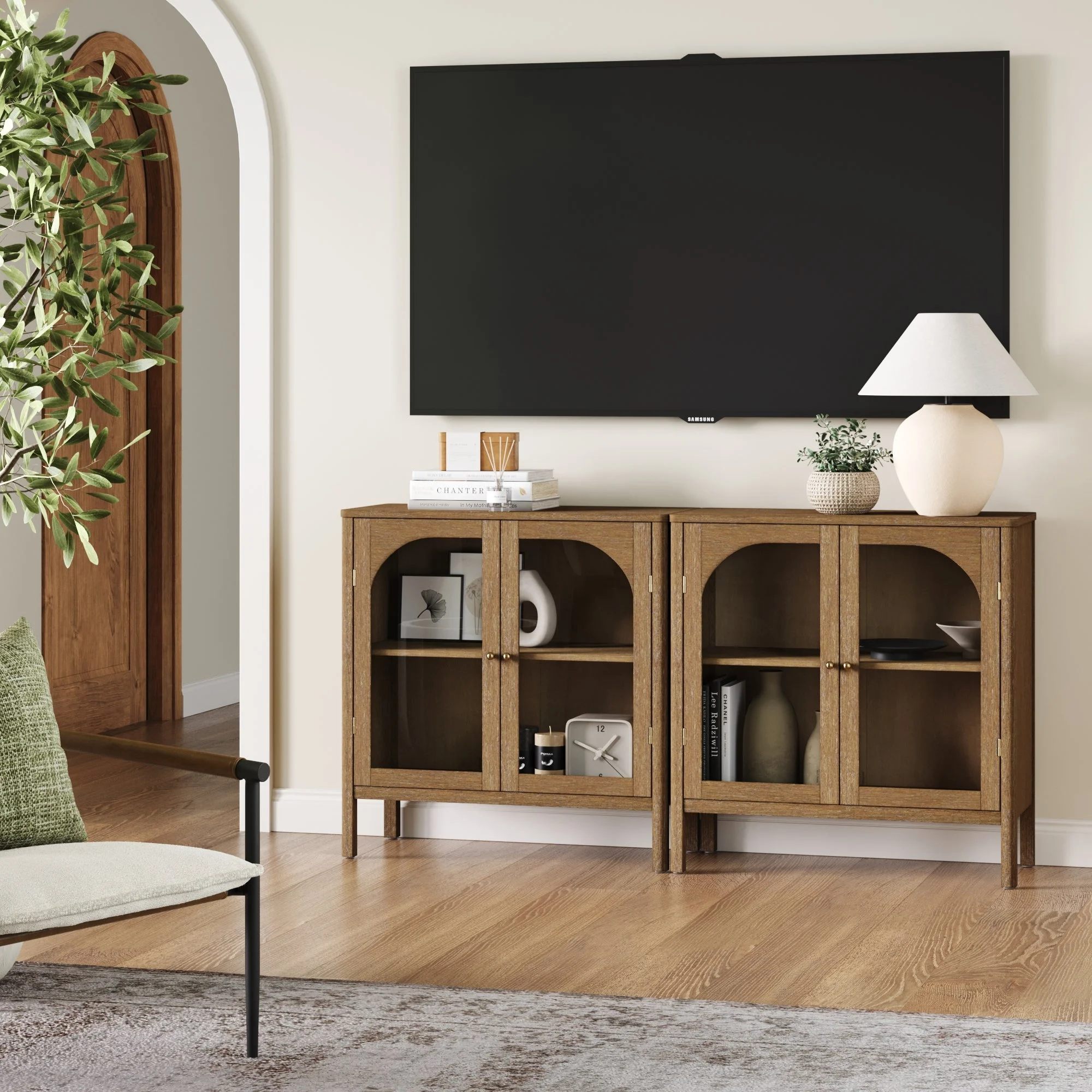 Arched Glass Door TV Console for TVs up to 65" Brown