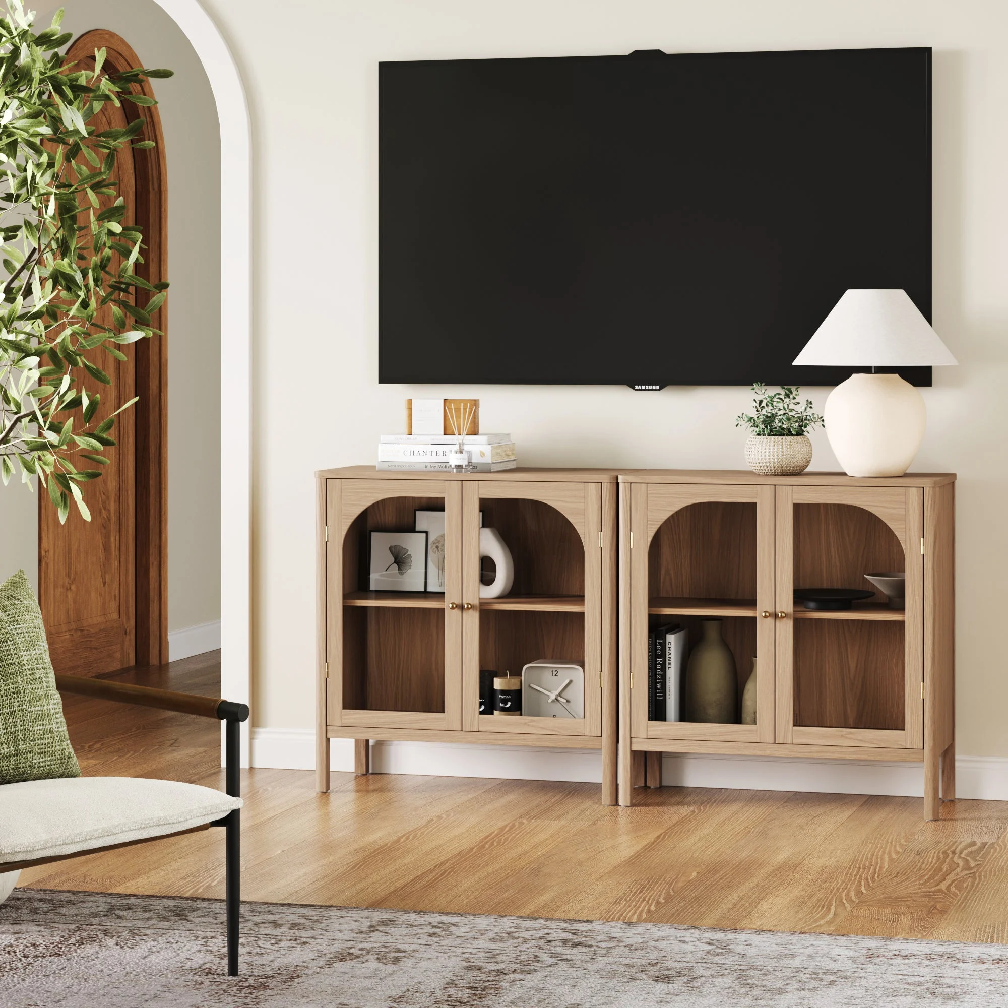 Arched Glass Door TV Console for TVs up to 65" Raw Oak