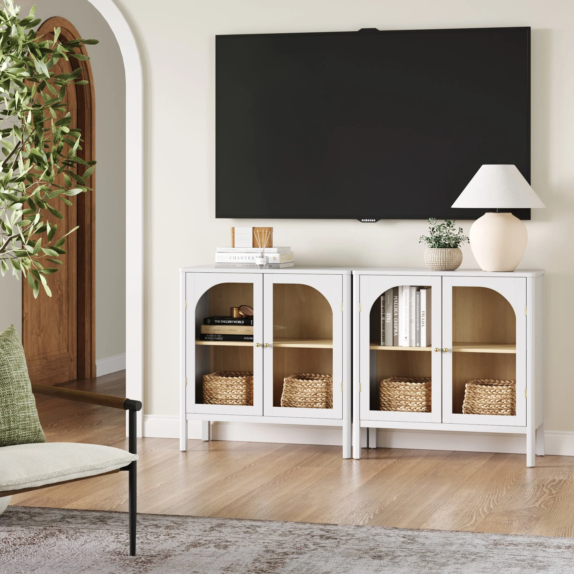 Arched Glass Door TV Console for TVs up to 65" White