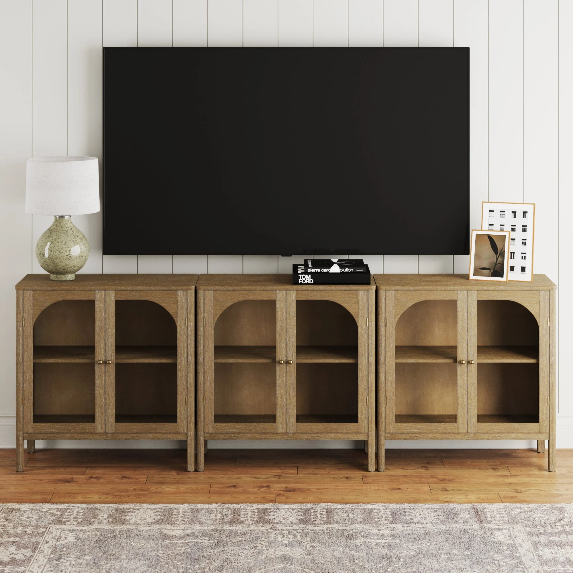 Arched Glass Door TV Console for TVs up to 75" Brown