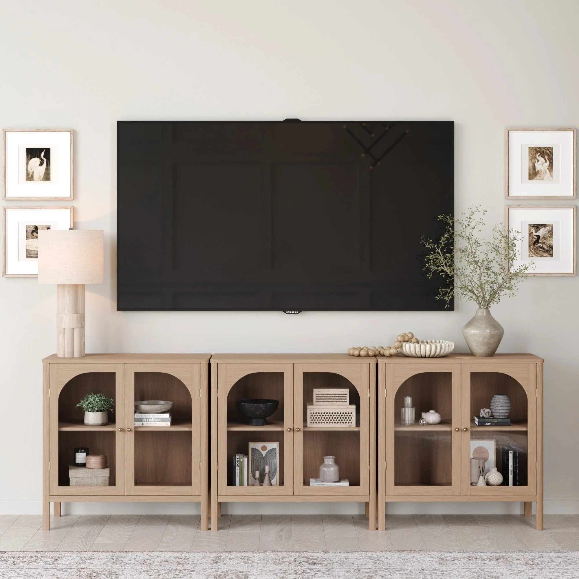 Arched Glass Door TV Console for TVs up to 75" Raw Oak