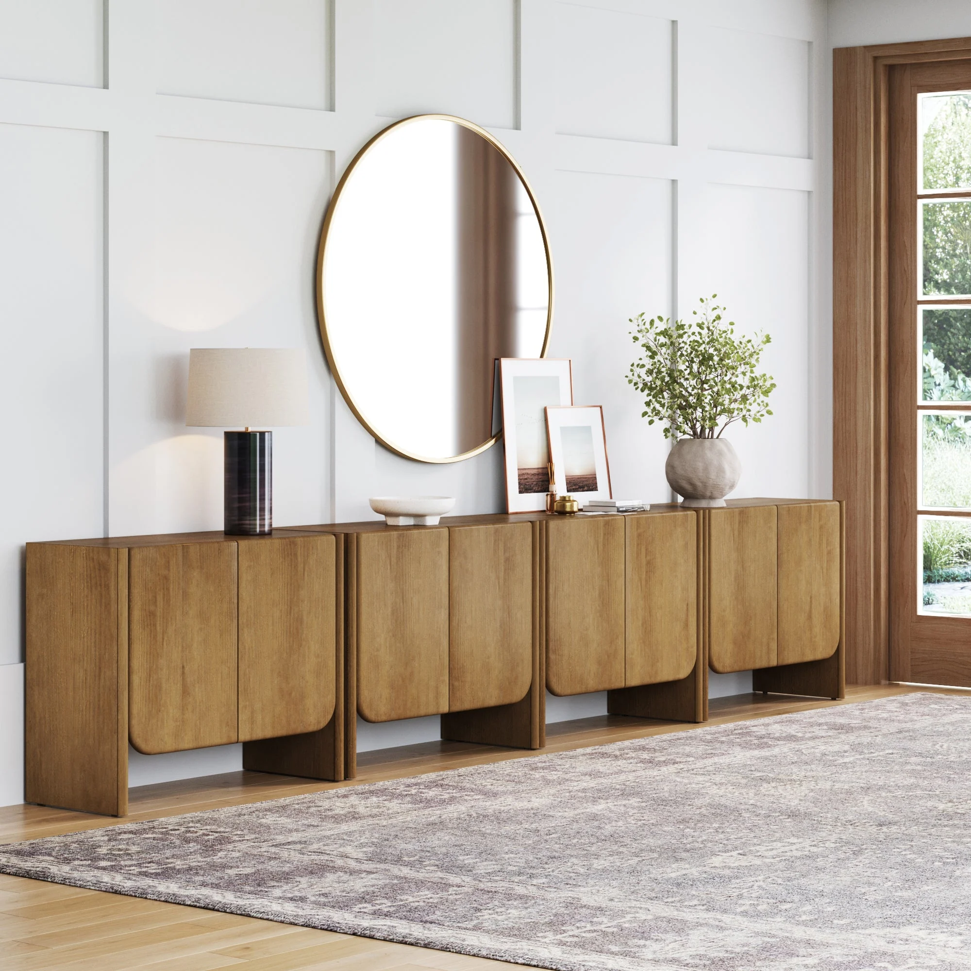 Arched Wood Accent Cabinet or Large Credenza Light Brown (Set of 4)