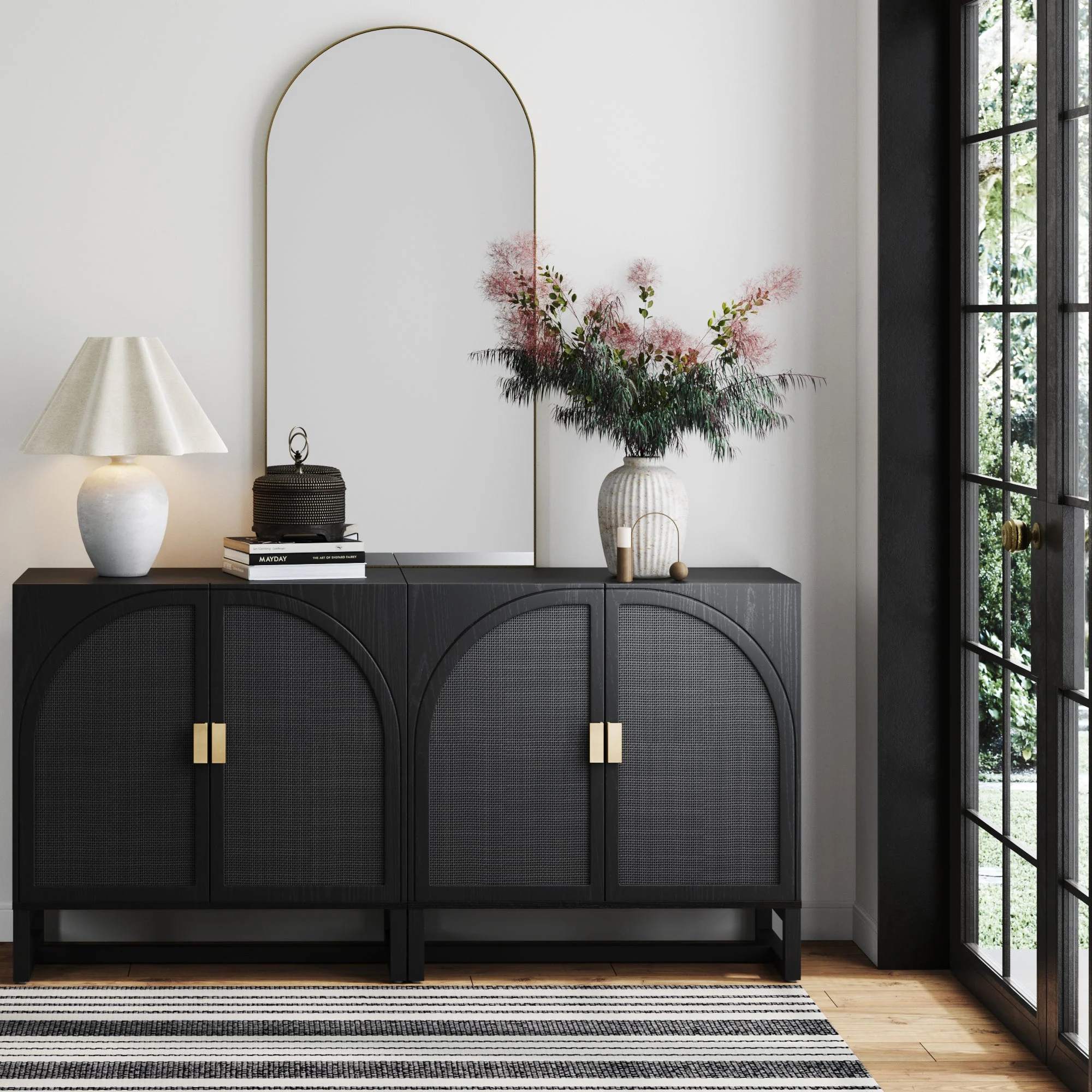 Arched Wooden Storage Credenza Black Rattan (Set of 2)