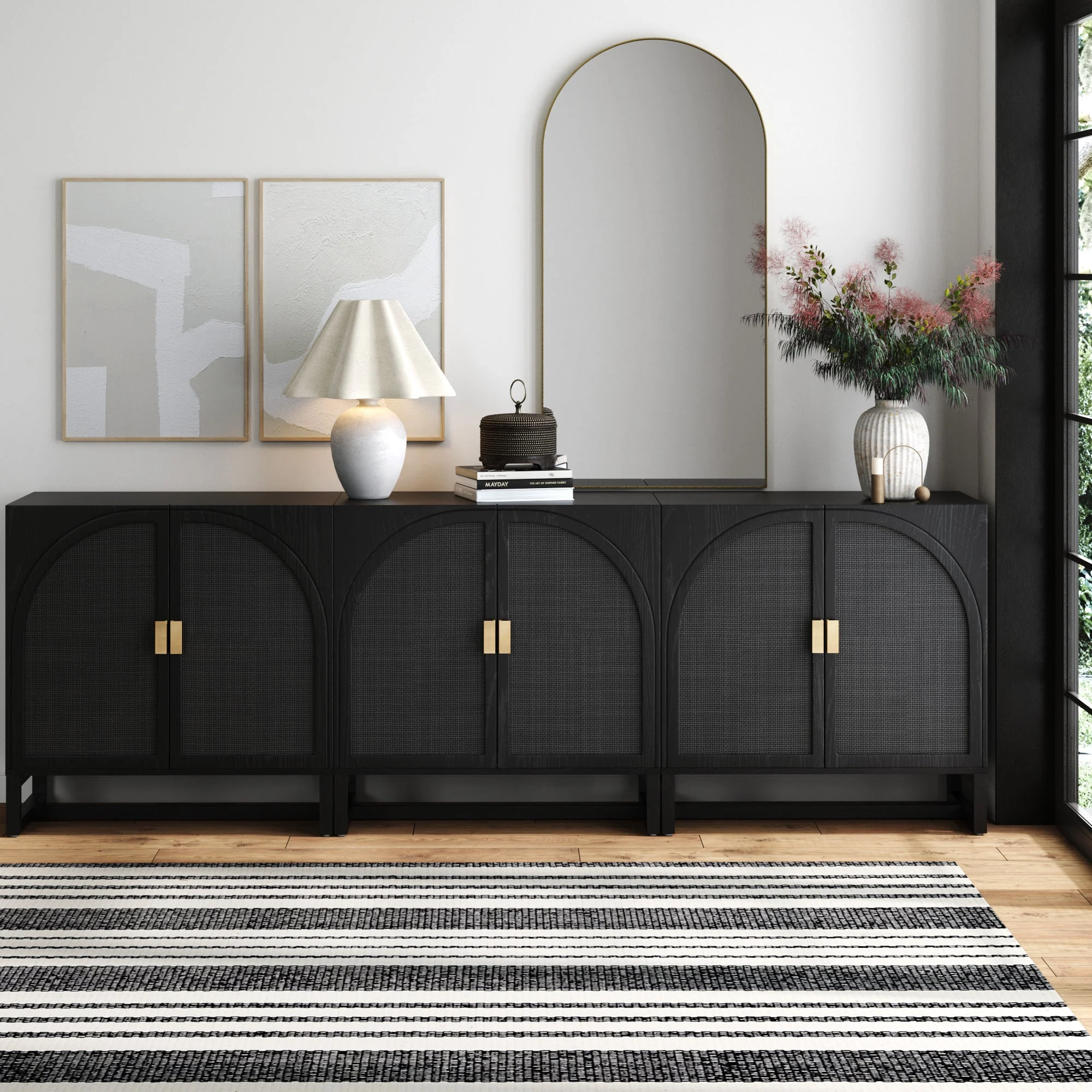 Arched Wooden Storage Credenza Black Rattan (Set of 3)