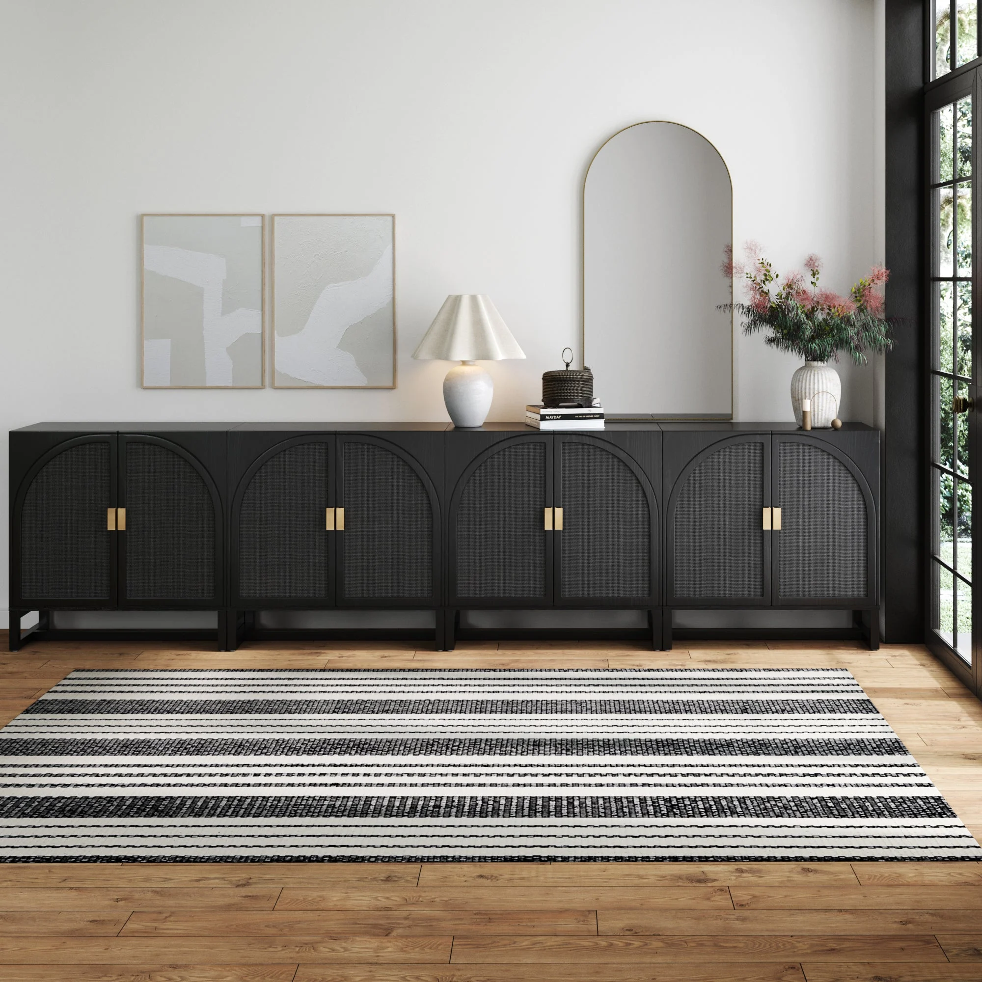 Arched Wooden Storage Credenza Black Rattan (Set of 4)