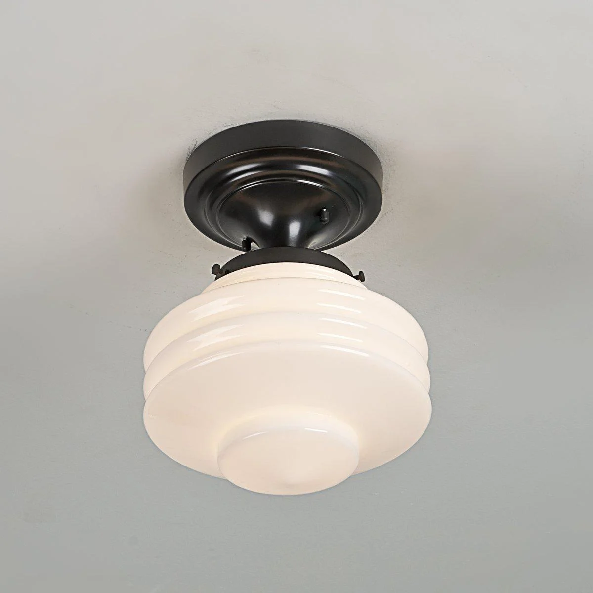 Art Deco White Glass Semi-Flush Ceiling Light