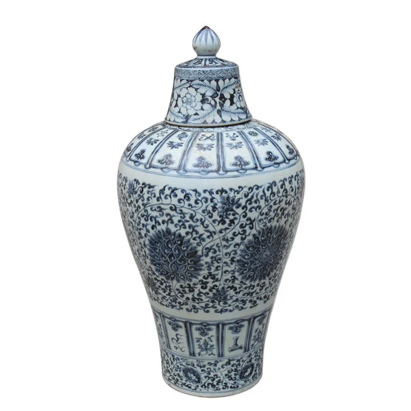 B&W Ming Lidded Plum Vase Twisted Lotus Motif By Legends Of Asia