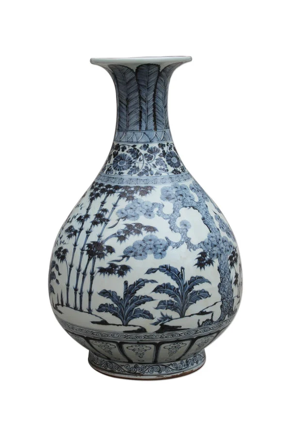 B&W Ming Pear Shaped Vase Pine Bamboo & Plum Motif By Legends Of Asia
