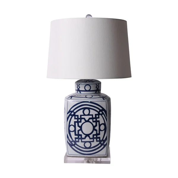 B&W Square Tea Jar With Pattern Of Lines Lamp By Legends Of Asia