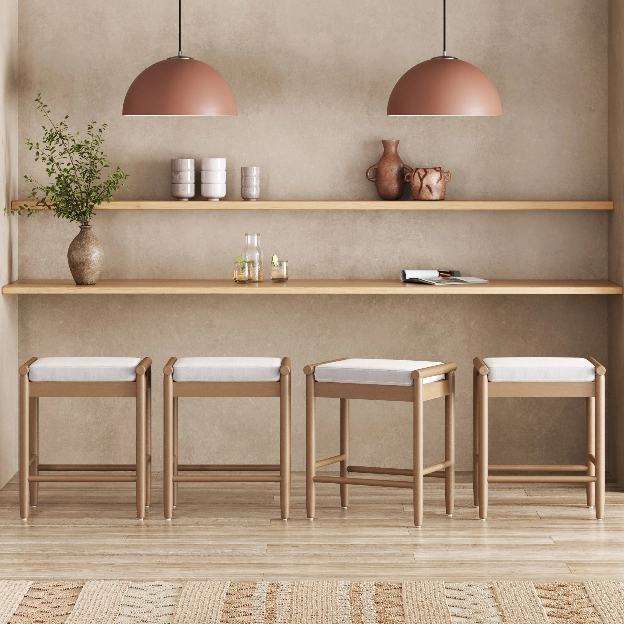 Backless Wooden Bar Stool with Boucle Upholstery Light Brown (Set of 4)