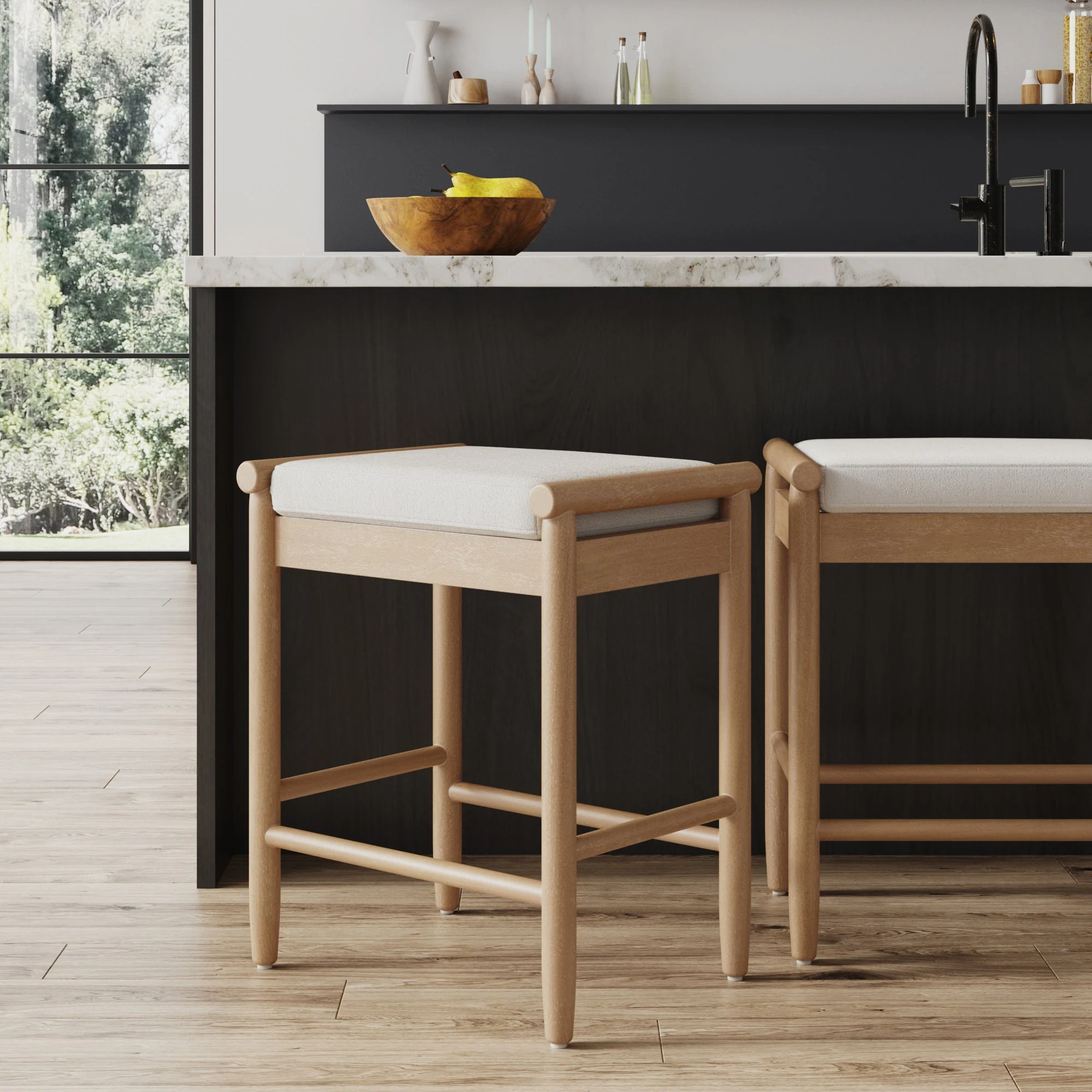 Backless Wooden Bar Stool with Boucle Upholstery Light Brown