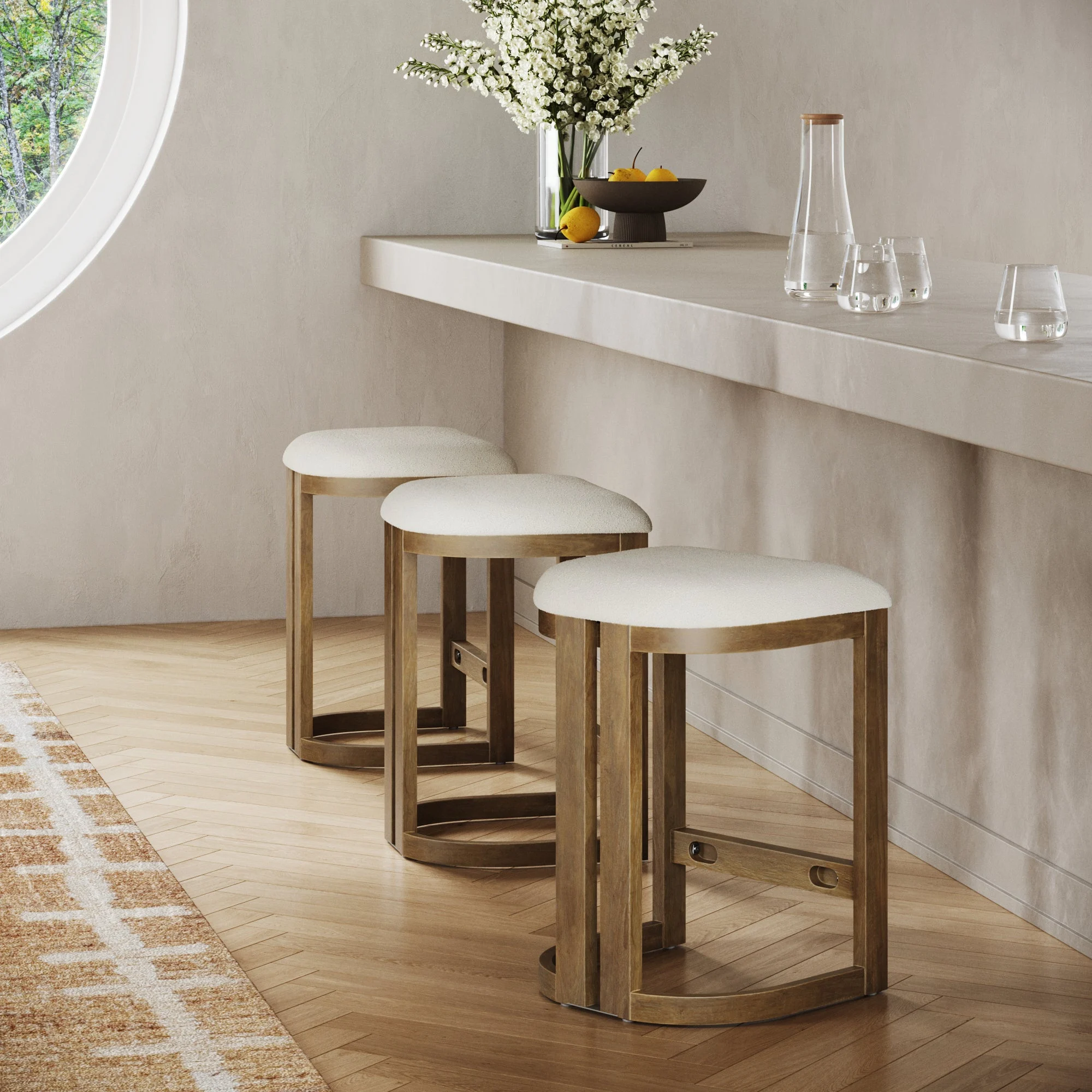 Barrel Wooden Backless Bar Stool Light Brown Set of 3