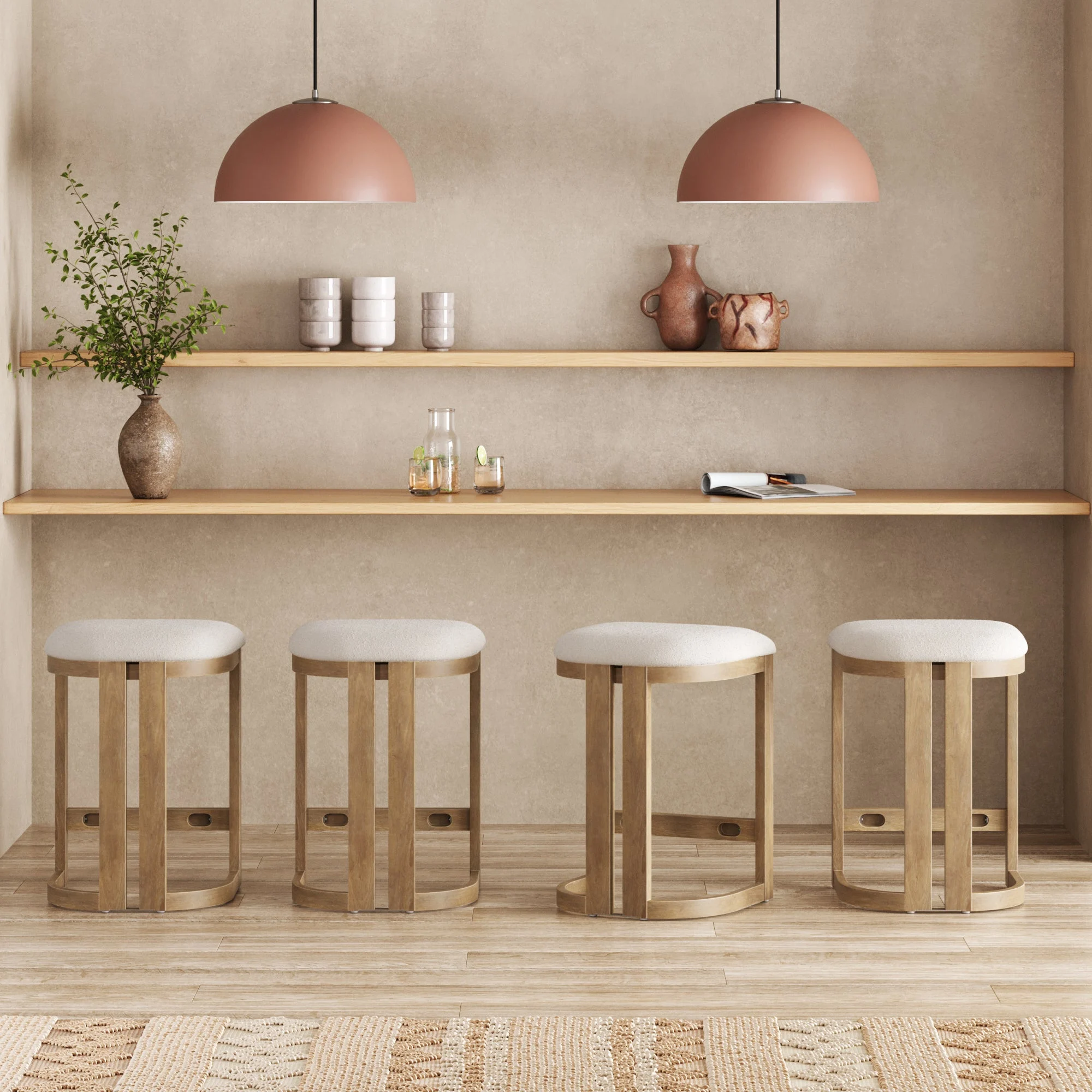 Barrel Wooden Backless Bar Stool Light Brown Set of 4