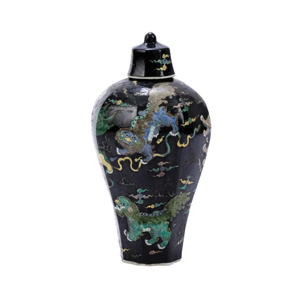 Black Hex Lidded Prunus Vase Lion Motif By Legends Of Asia