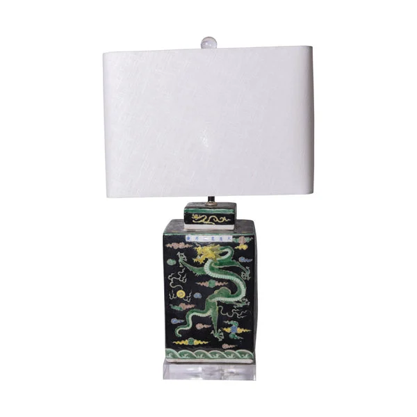 Black Square Tea Jar Dragon Motif Lamp By Legends Of Asia