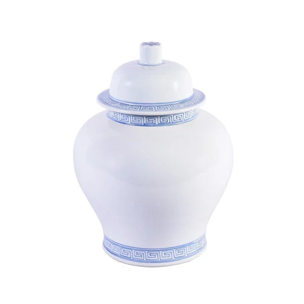 Blue & White Porcelain Temple Jar With Greek Key Trim By Legends Of Asia