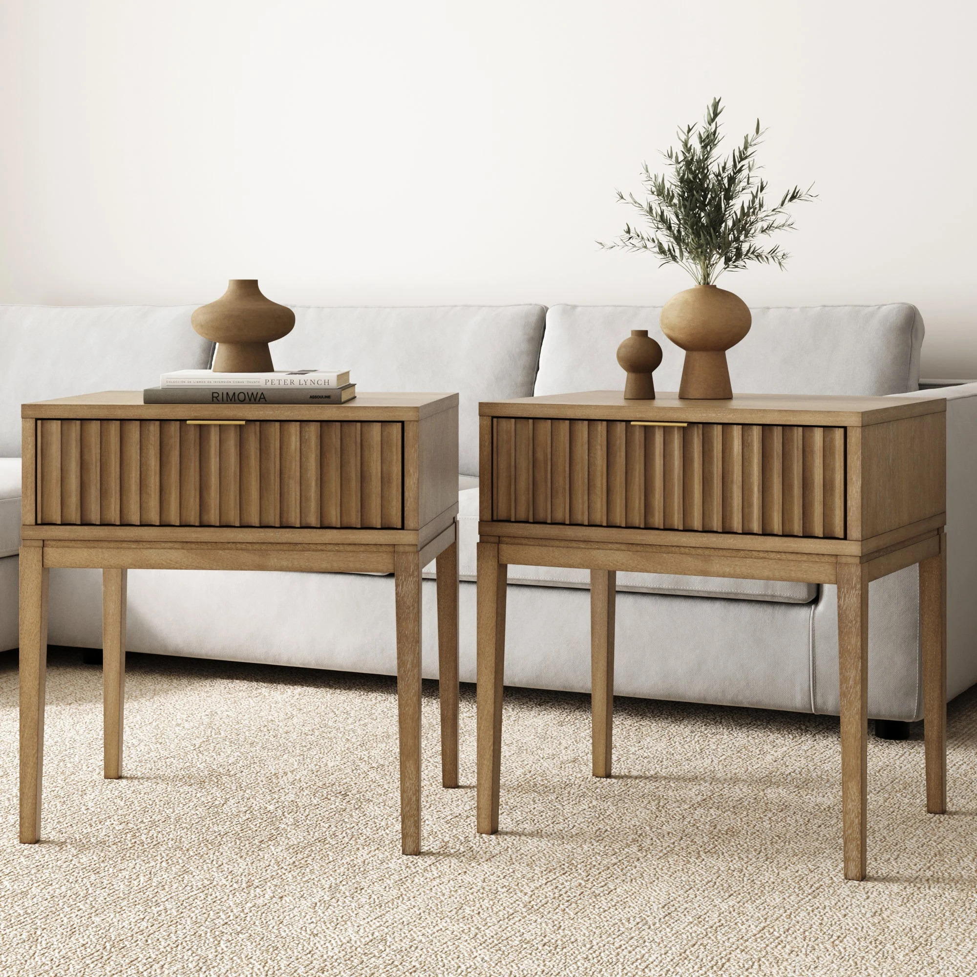 Bohemian Solid Wood Nightstand Set of 2 with Drawer Light Brown
