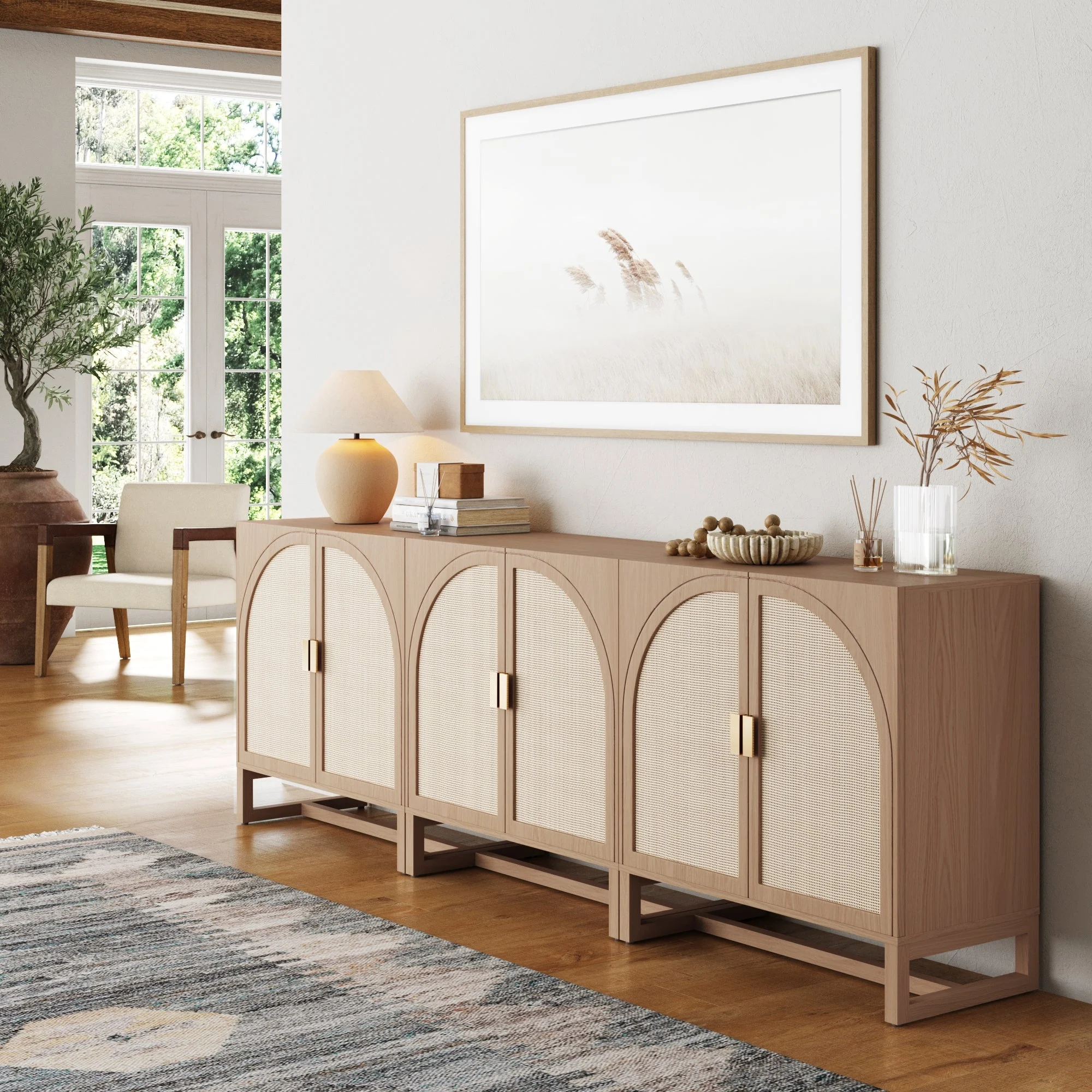 Boho Arched Cabinet Credenza Raw Oak (Set of 3)