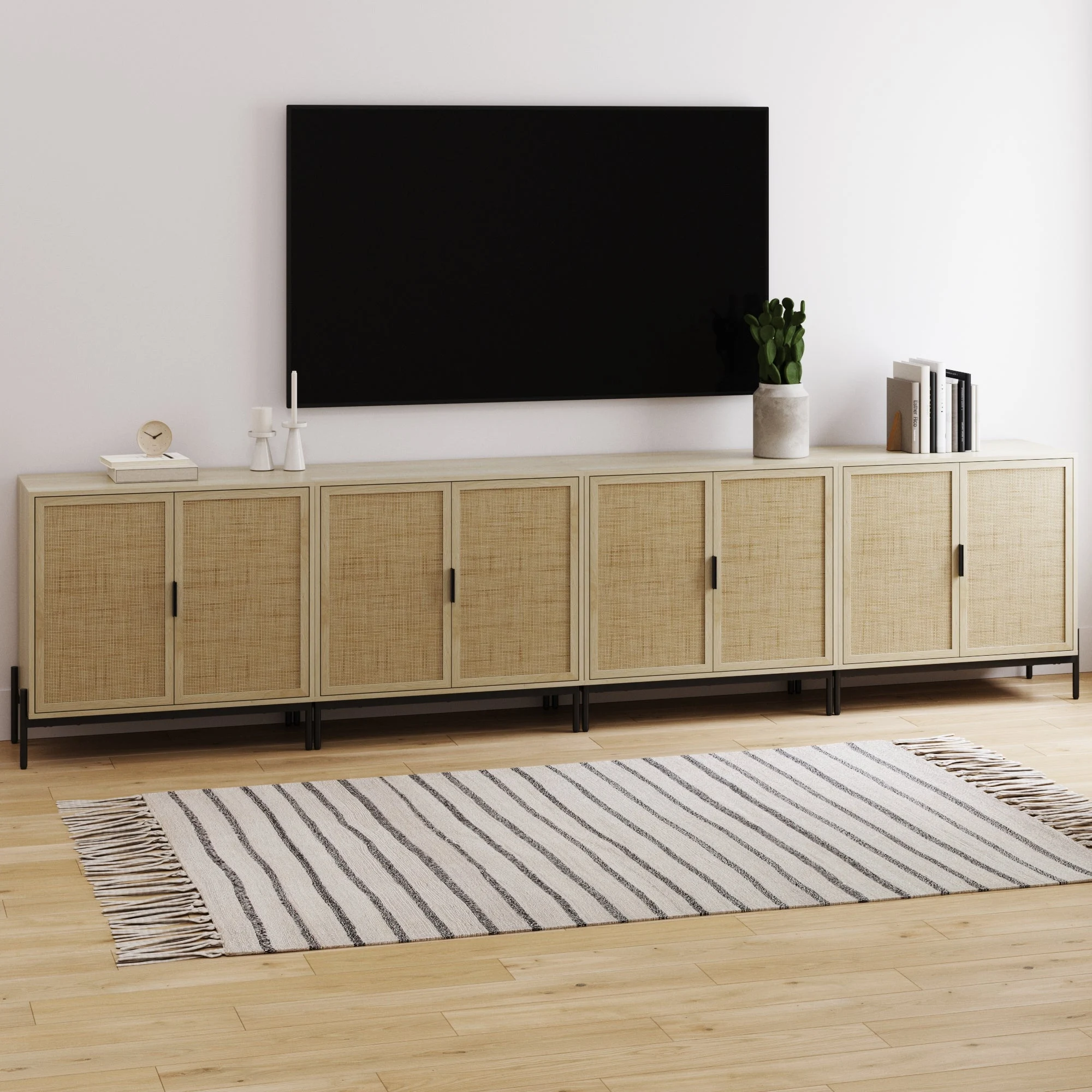 Boho Rattan TV Console for TVs up to 100" with Metal Legs Light Oak