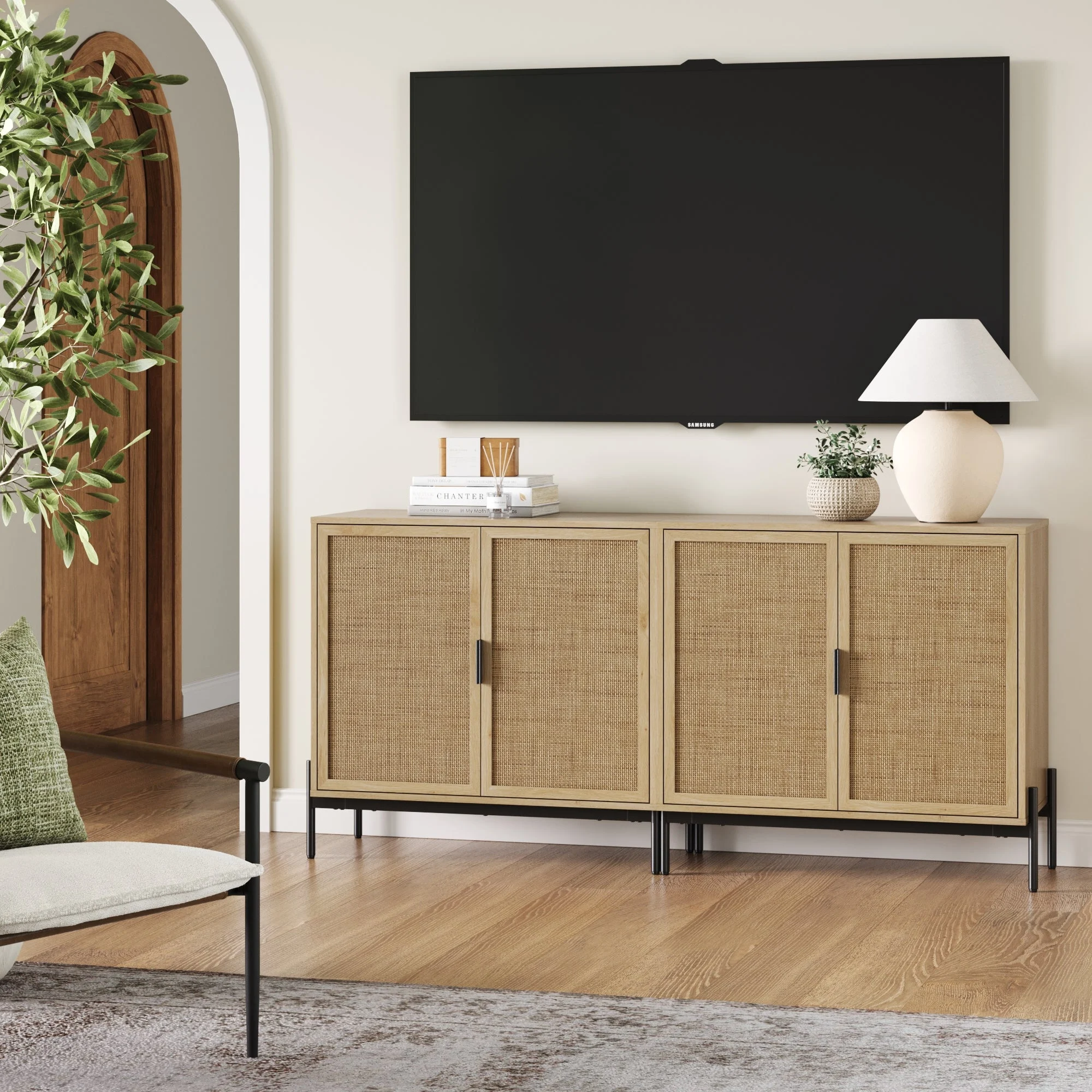 Boho Rattan TV Console for TVs up to 65" with Metal Legs Light Oak