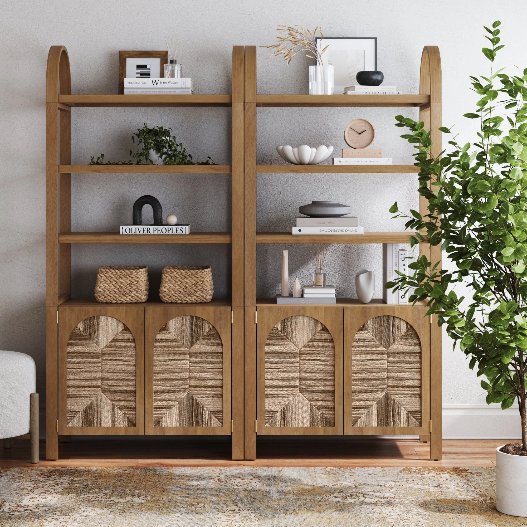 Boho Seagrass Arched Bookshelf Light Brown (Set of 2)
