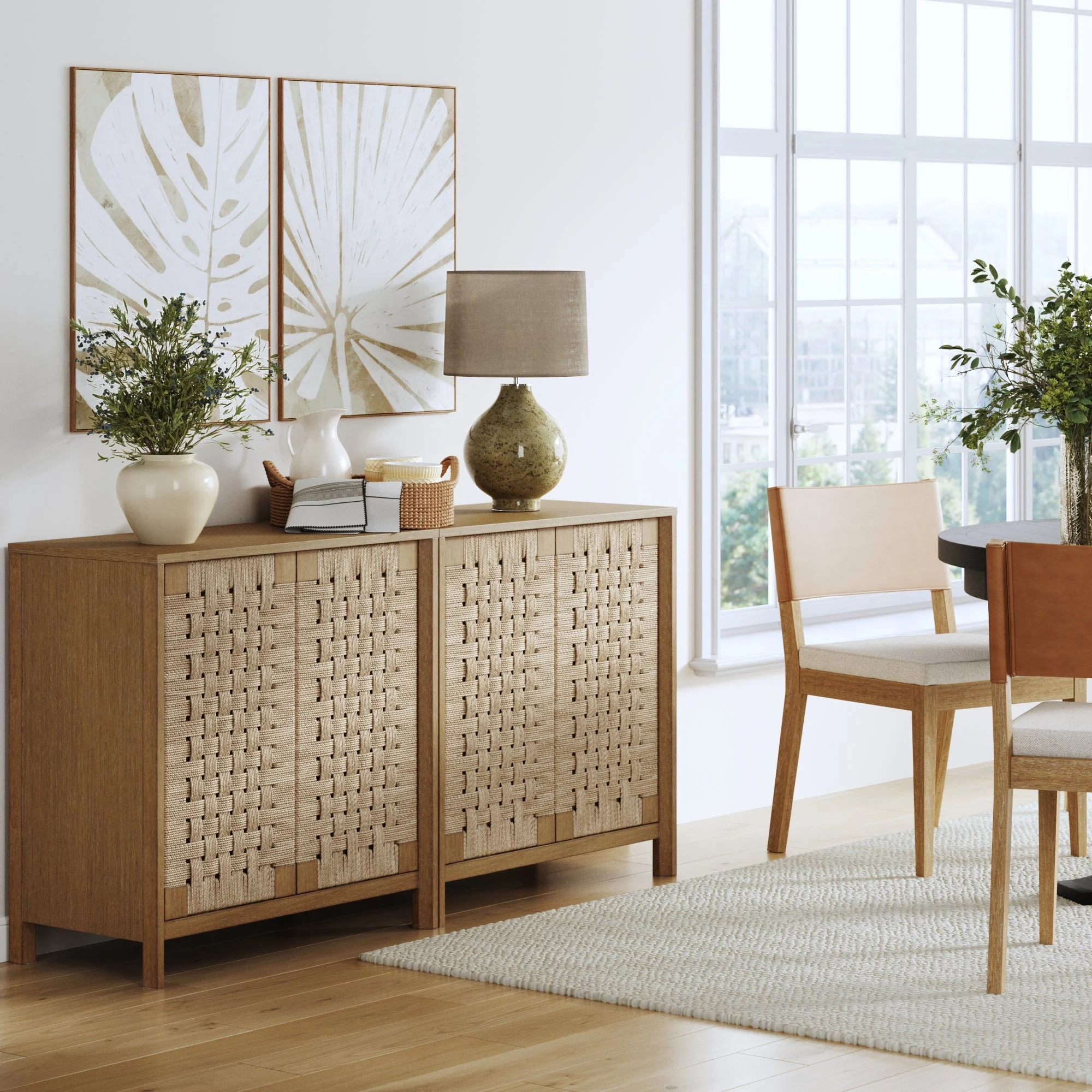 Boho Woven Seagrass Storage Cabinet Credenza Light Brown (Set of 2)