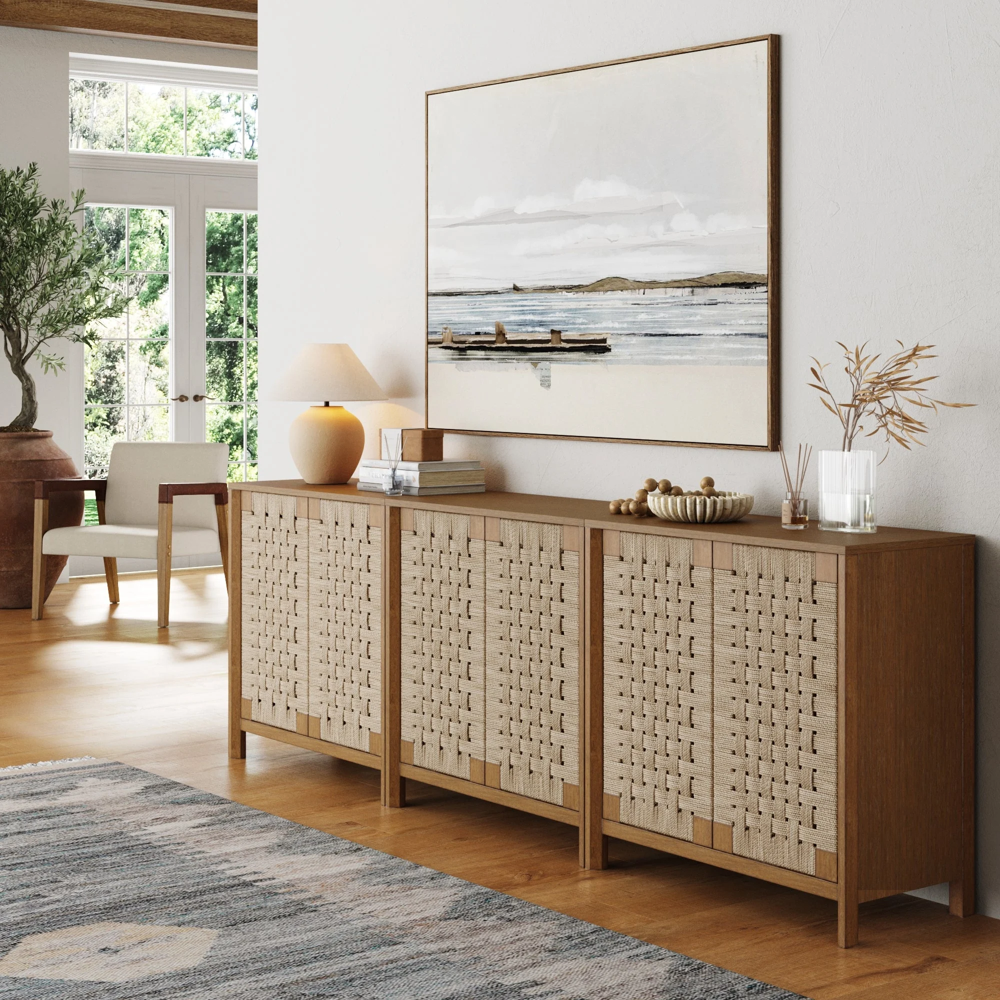 Boho Woven Seagrass Storage Cabinet Credenza Light Brown (Set of 3)