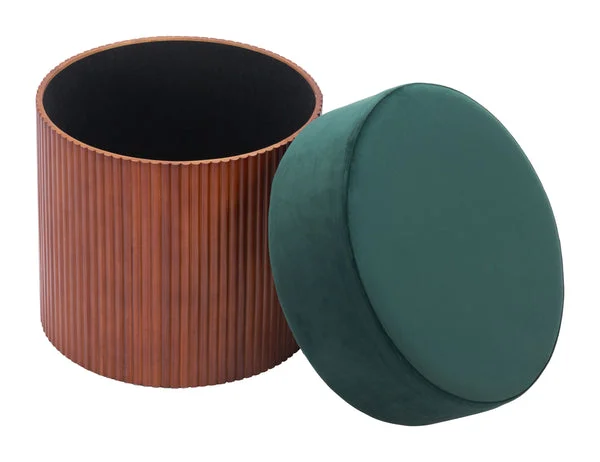 Boto Storage Ottoman Green | Emerald Fabric & Natural Wood Structure