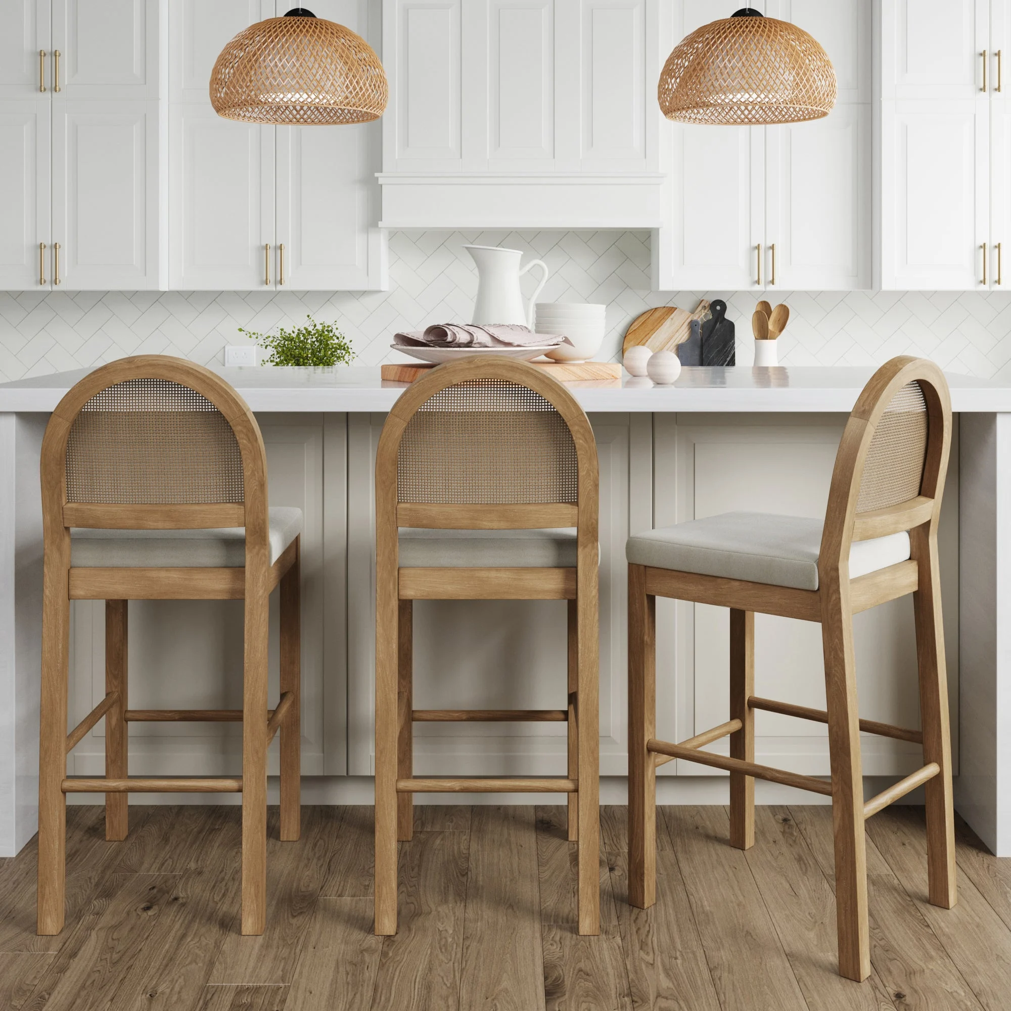 Boucle & Rattan Bar Stools Light Brown (Set of 3)