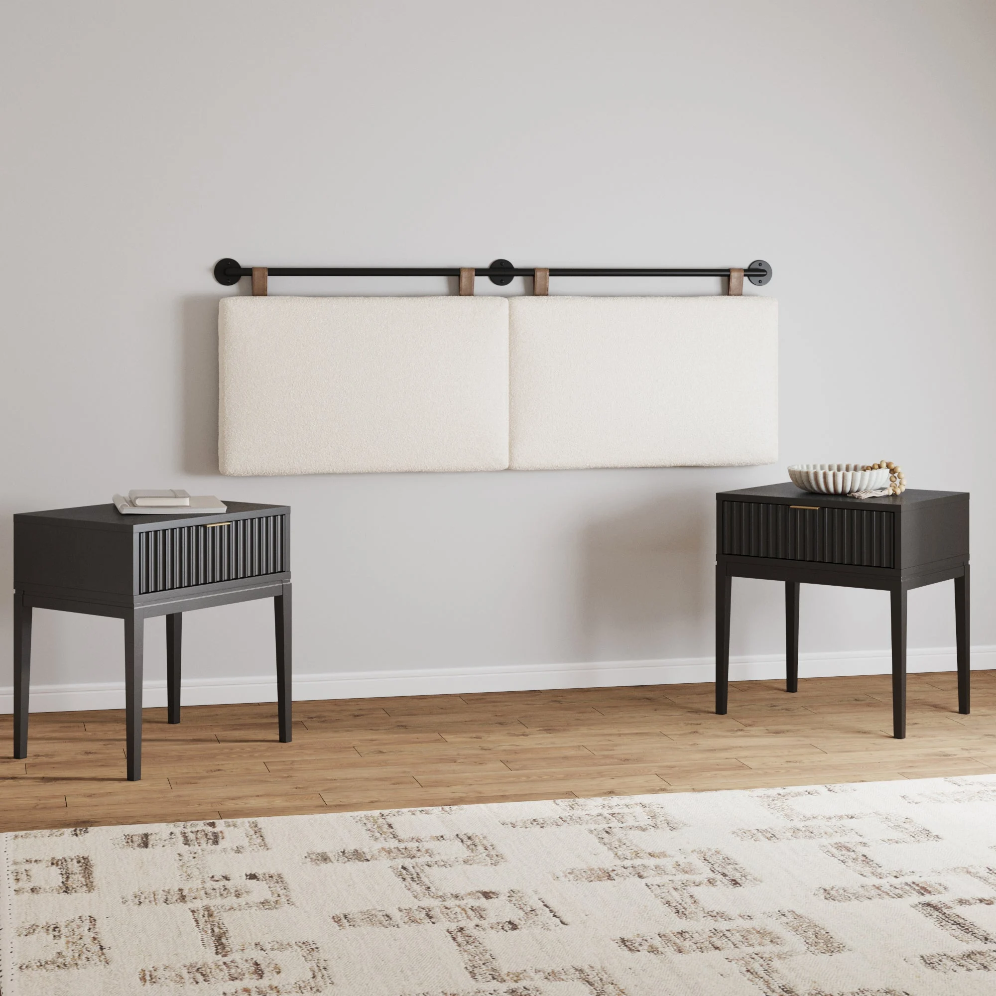 Boucle Upholstered Queen Headboard and Nightstand Set