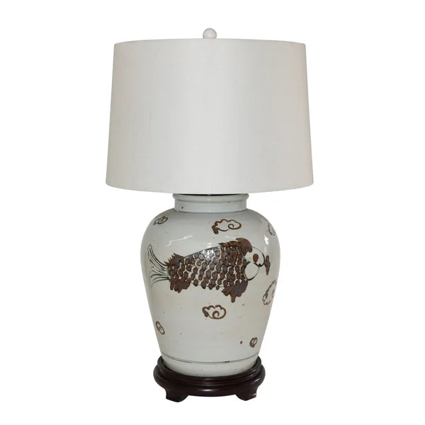 Brown Fish Open Top Jar Lamp Wood Base By Legends Of Asia