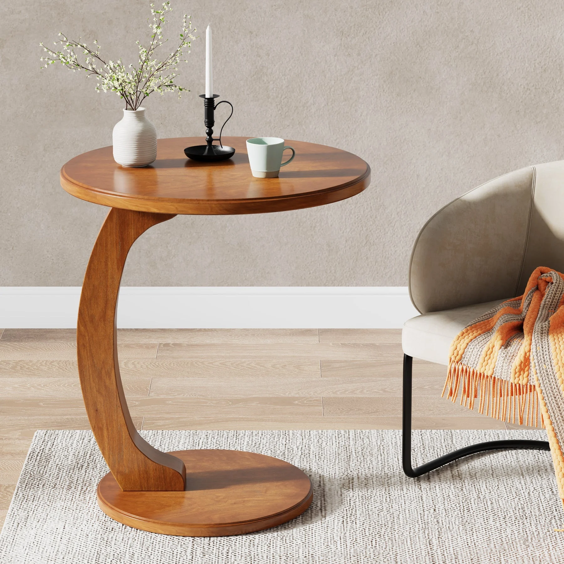C-Shaped End Table, Round Sofa Side Table for Living Room