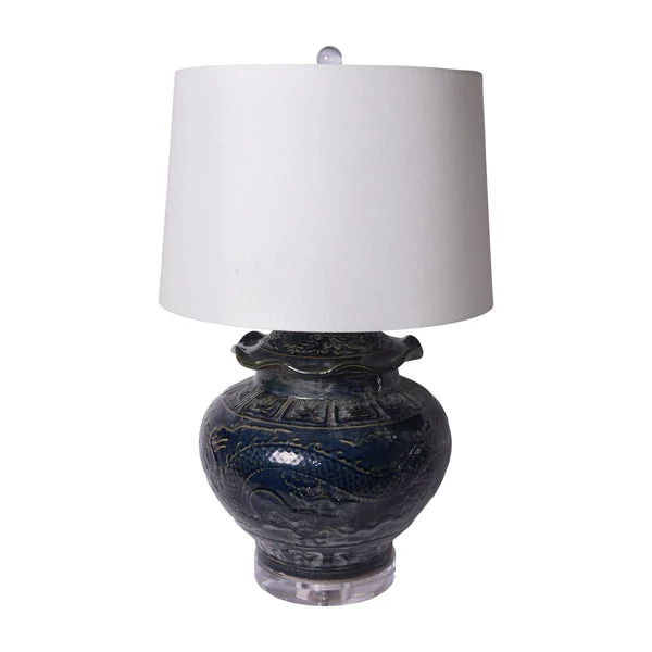 Carved Dragon Lotus Jar Speckled Indigo Lamp Acrylic Base By Legends Of Asia