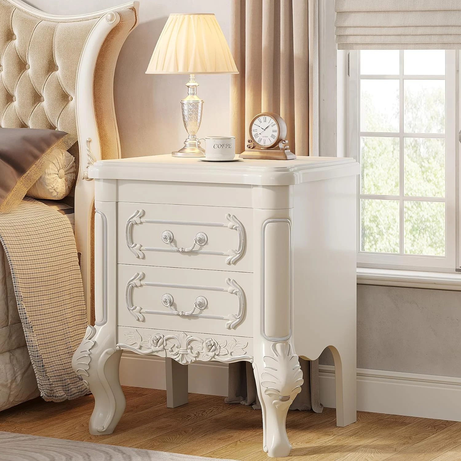 Carved Nightstand, Bedside Table End Table with 2 Drawers