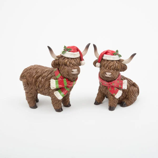 Christmas Holiday Highland Cow Set of 2 Figurines 9.4"L Resin