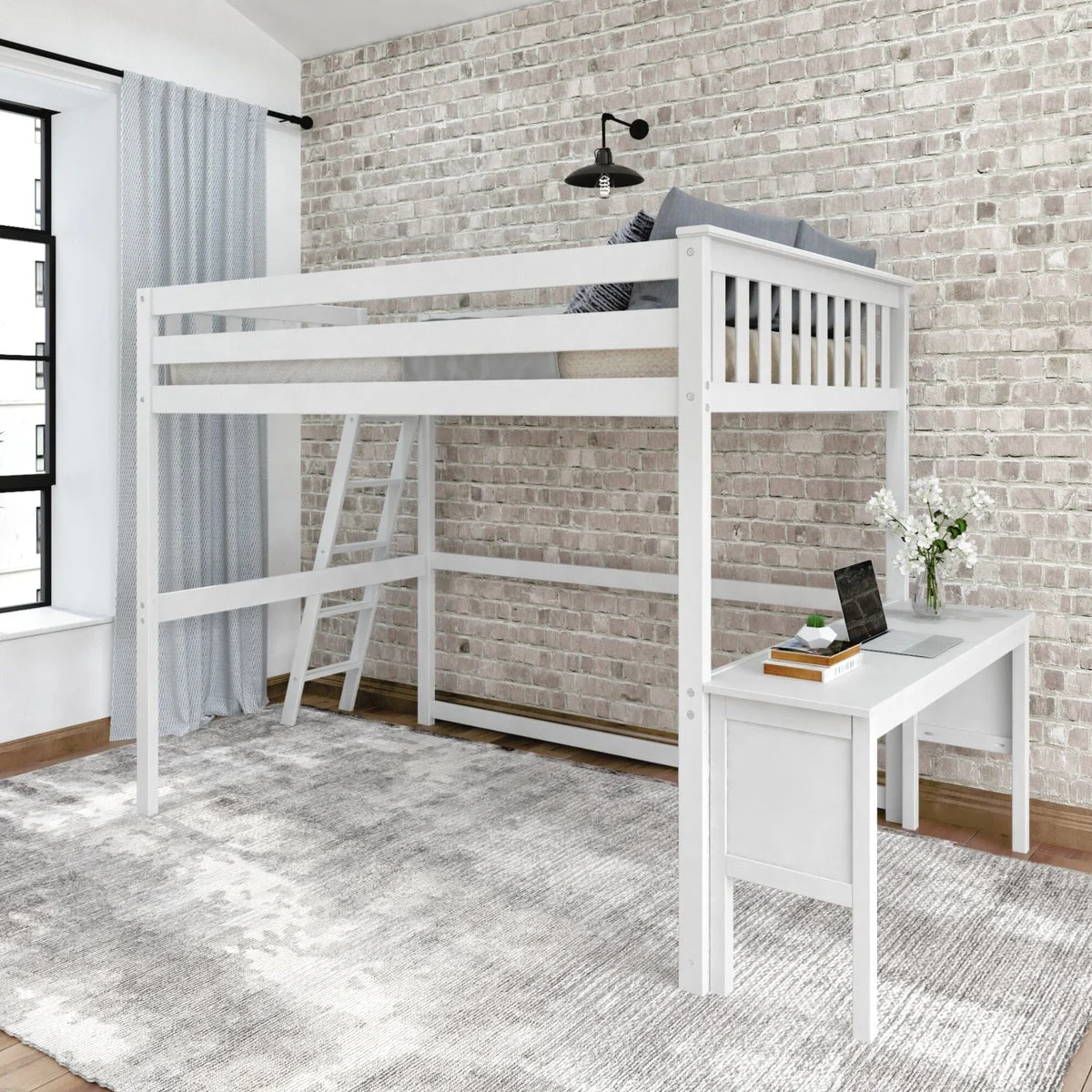 Classic Loft Bed With Desk + Ladder on End - Full
