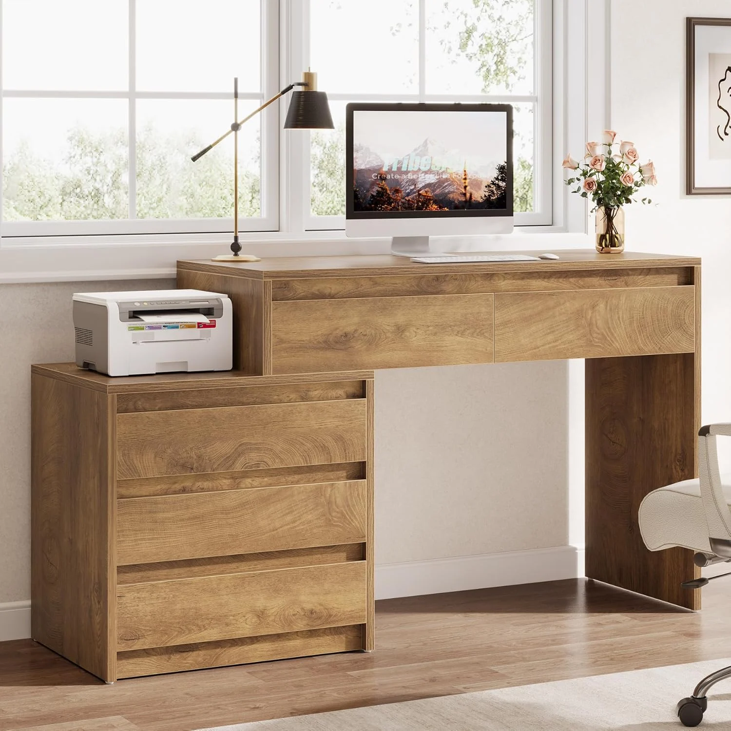 Computer Desk with 5 Drawers, Executive Home Office Desk with File Cabinet