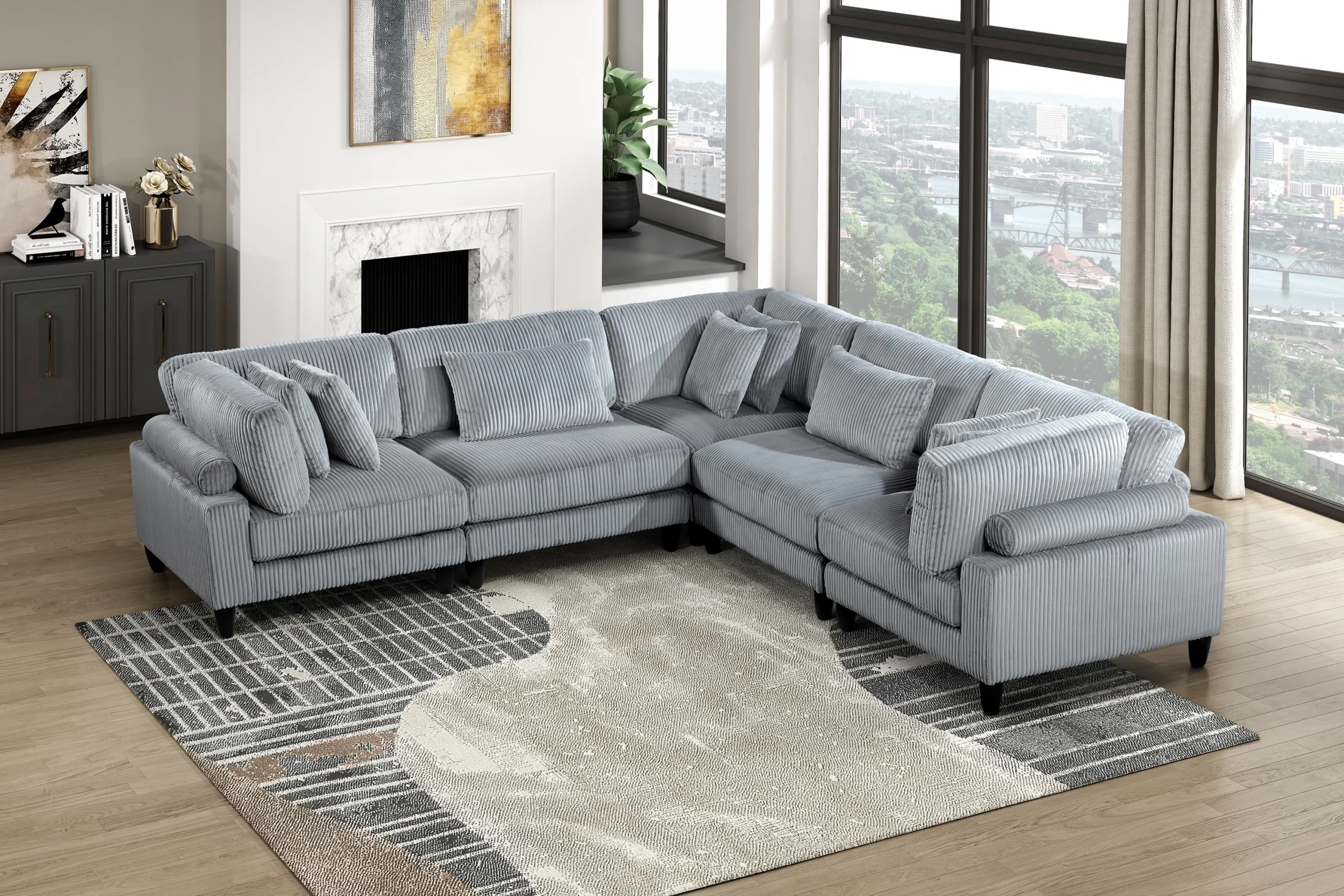 Contemporary 5-Piece Sectional Sofa with Throw Pillows