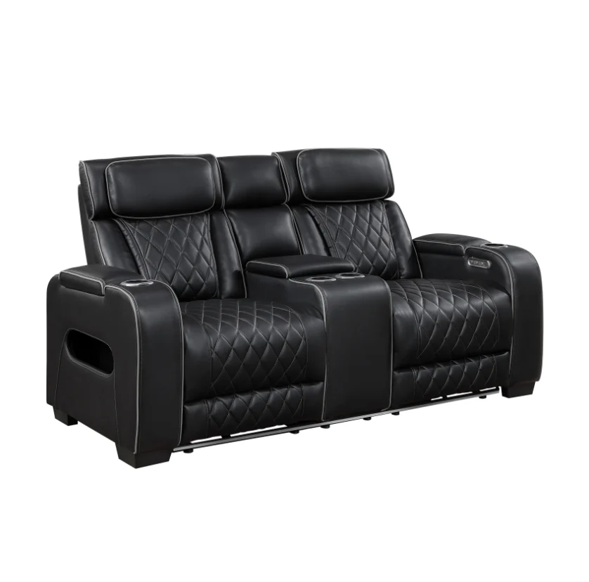 Contemporary Dual Power Reclining Loveseat with Console, Cupholders, Storage Arms, USB Ports, and LED Lights