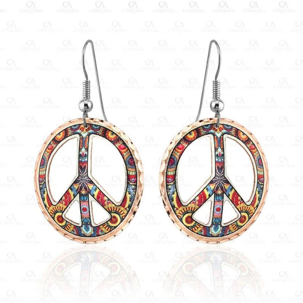 Copper Colorful Cut Out Peace Sign Earrings Handmade in the USA