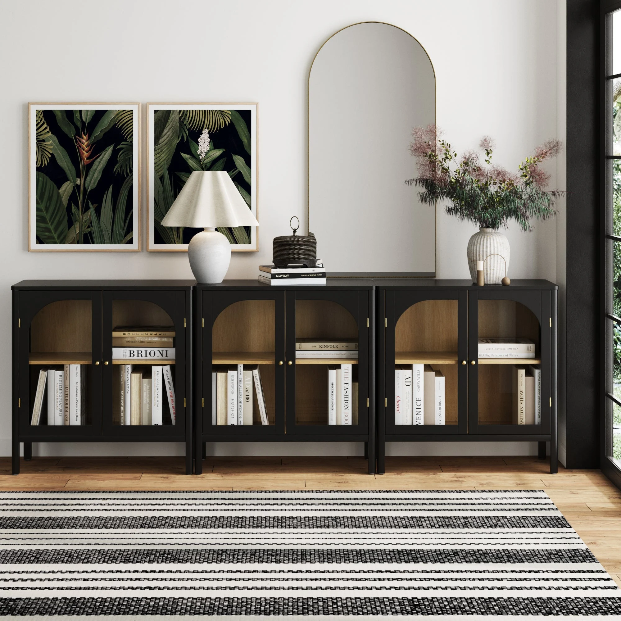 Curio Cabinet Credenza with Glass Door Black (Set of 3)