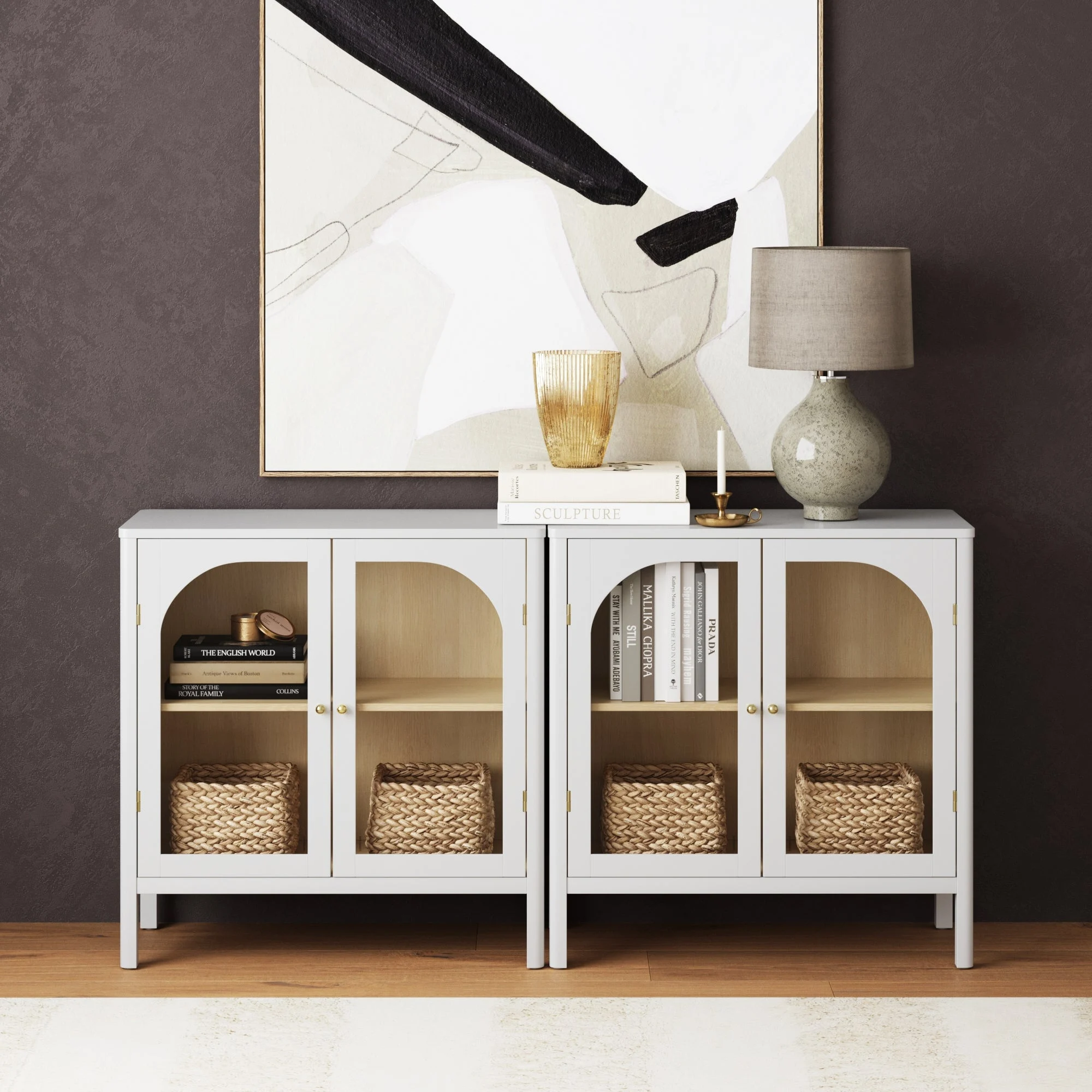 Curio Cabinet Credenza with Glass Door White (Set of 2)