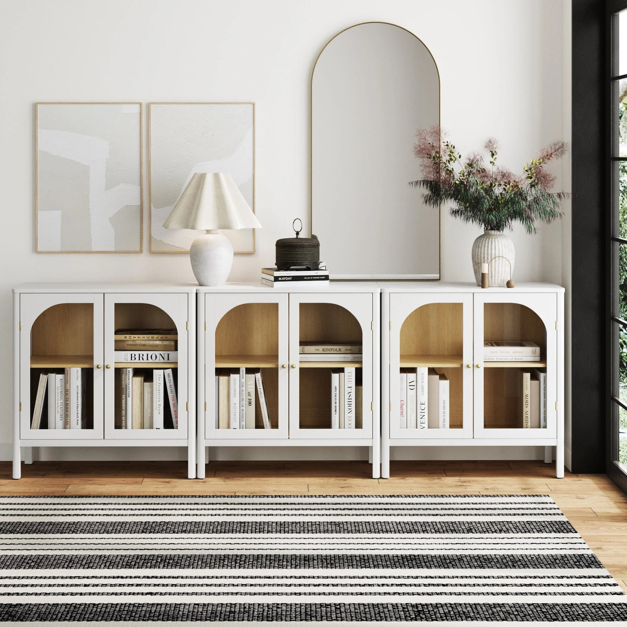 Curio Cabinet Credenza with Glass Door White (Set of 3)
